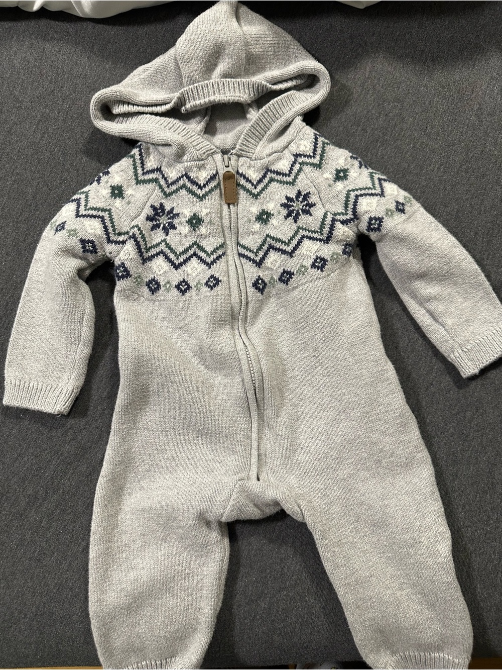 Carter's Light Gray Hooded Knit Baby One-Piece with Navy & Green Nordic Detail